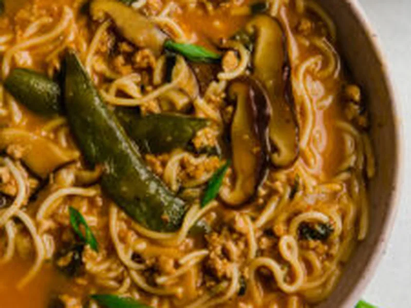 Creamy Coconut Curry Ramen with Ground Pork and Vegetables