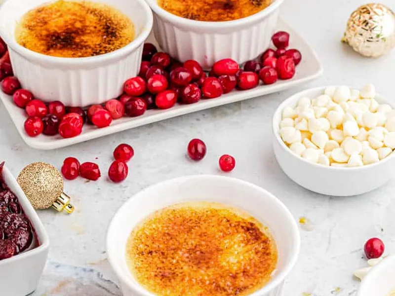 Cranberry White Chocolate Creme Brulee with Caramelized Sugar