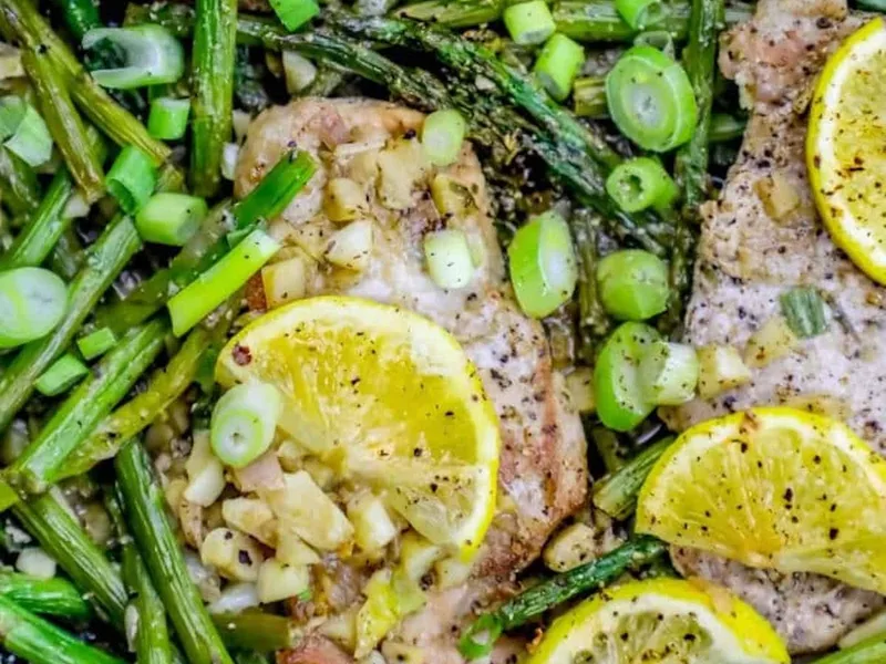 One-Pan Lemon Garlic Pork Chops with Asparagus Skillet