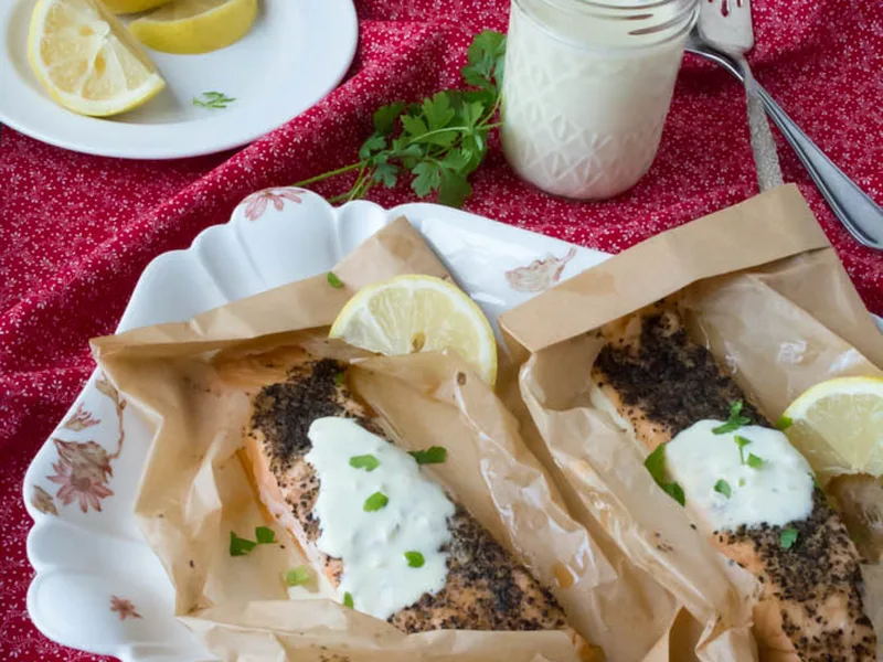 Baked Salmon with Garlic Black Pepper Lemon Aioli