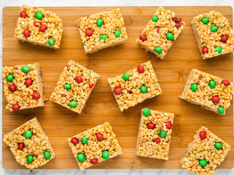 Christmas Rice Krispie Treats with Festive Sprinkles and M&Ms