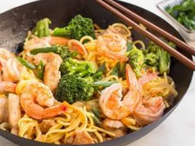 Wok-Fried Chicken and Shrimp Lo Mein
