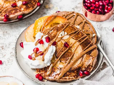 Vegan Caramel Apple Pancakes with Almond Butter Sauce