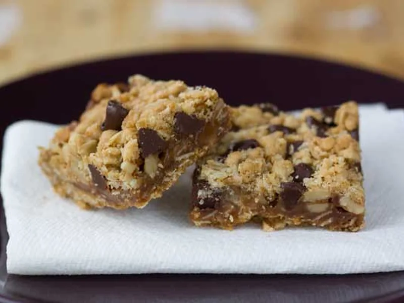 Caramel Filled Oat Bars with Chocolate and Walnuts