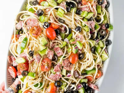 Summer Italian Spaghetti Salad with Salami and Fresh Vegetables
