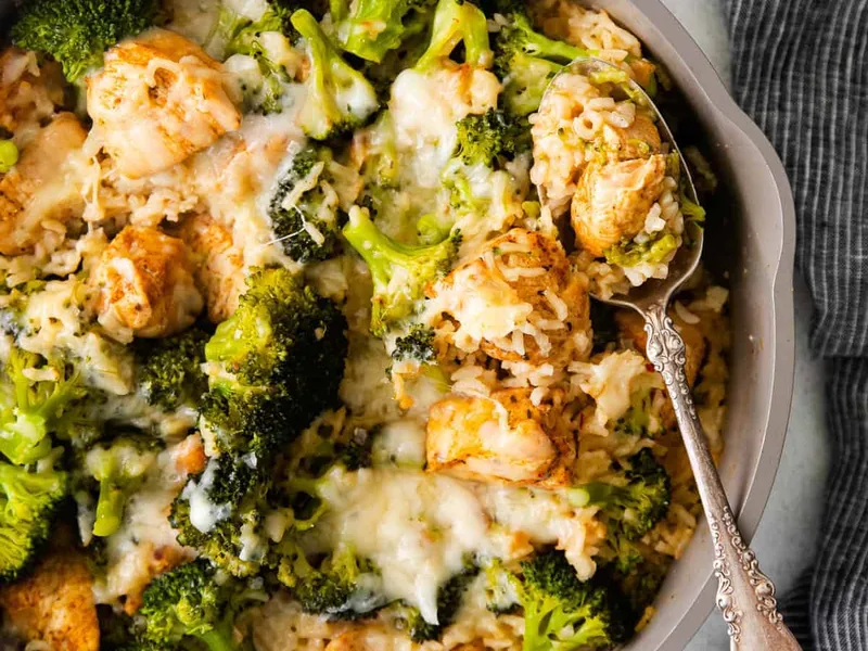 One-Skillet Chicken Broccoli Rice Casserole with Three Cheeses