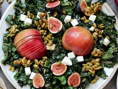 Hasselback Apple Kale Salad with Feta and Figs