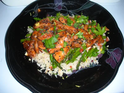 Lemon-Hoisin Chicken with Cherry Rice and Roasted Asparagus