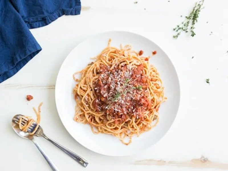Beef Marinara with Sweet Potato Noodles and Mixed Green Salad