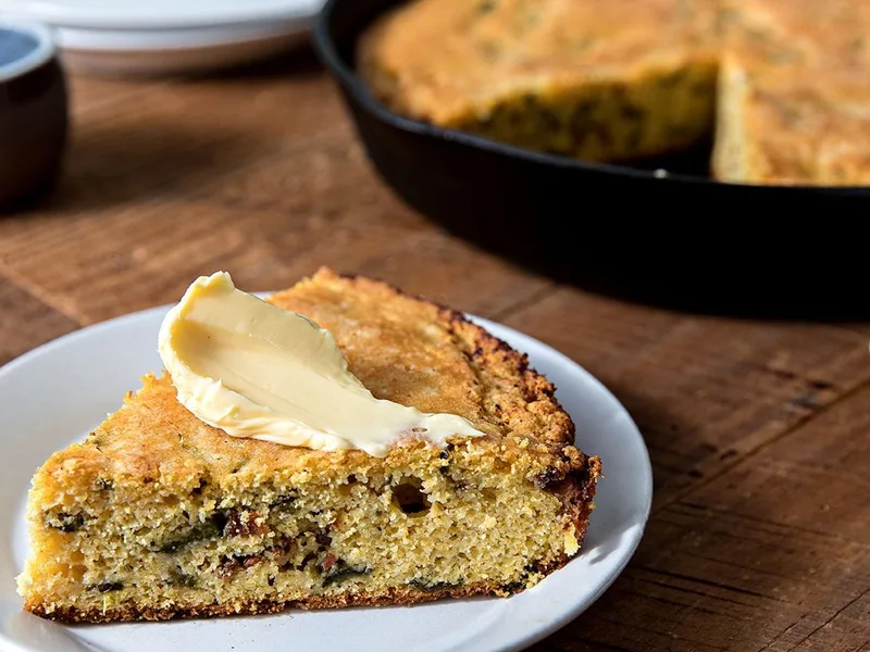 Skillet Cornbread with Poblanos and Bacon