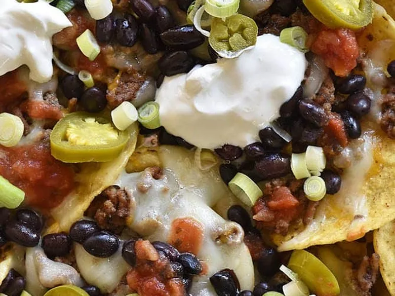 Sheet Pan Ground Beef Nachos with Black Beans and Cheese