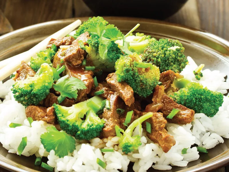 Asian Honey Soy Glazed Beef with Basmati Rice and Broccoli