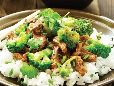 Asian Honey Soy Glazed Beef with Basmati Rice and Broccoli