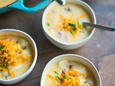 Baked Potato Cheddar Ham Soup with Sharp Cheese