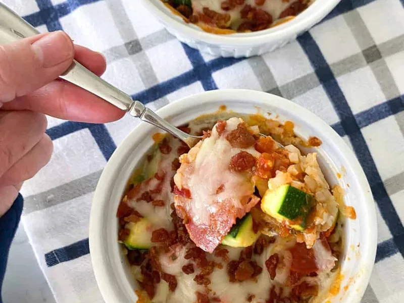 Low Carb Cauliflower Pizza Bowls with Pepperoni and Bacon