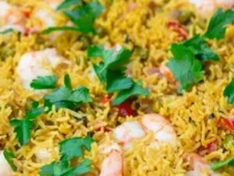 One Pan Shrimp and Basmati Rice with Spiced Vegetables