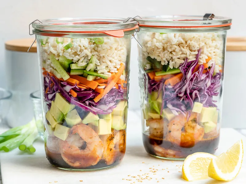 Deconstructed Sushi Jars with Shrimp for Meal Prep