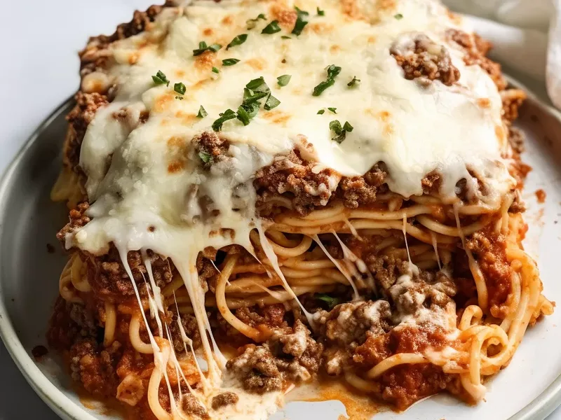 Baked Cream Cheese Spaghetti Casserole with Ground Beef