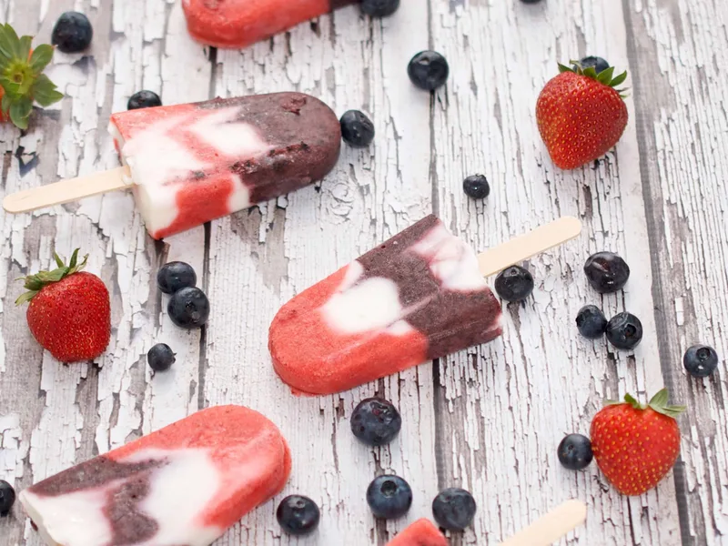 Red White and Blue Firecracker Popsicles with Strawberry Blueberry Yogurt
