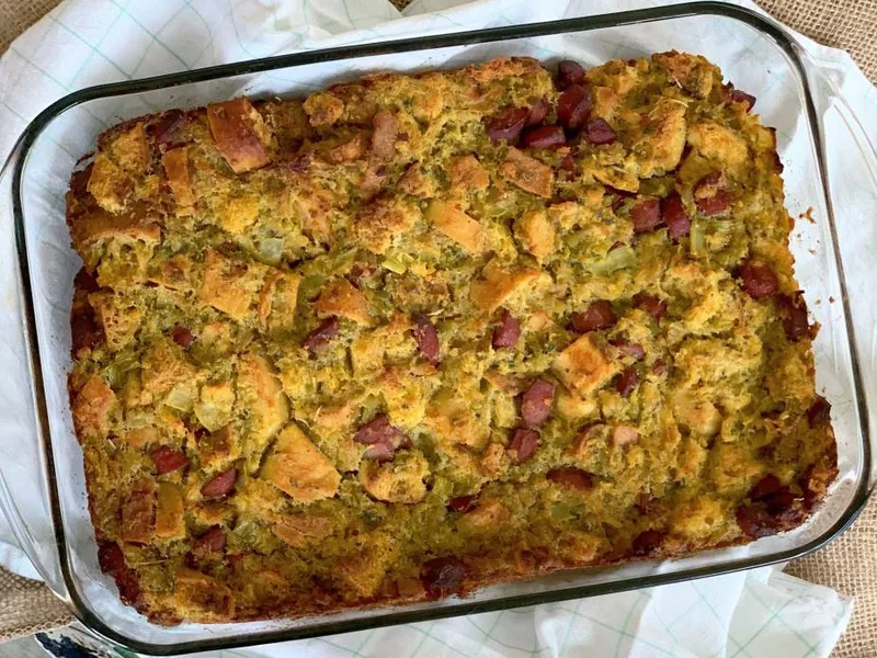 Split Pea Soup Stuffing with Pan-Fried Hot Dogs