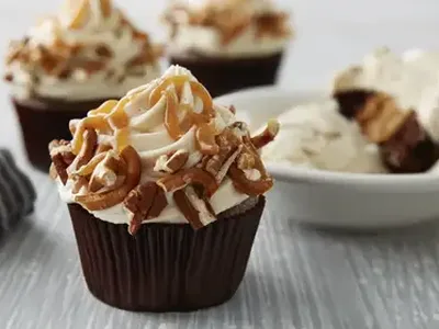 Sky-High Salted Caramel Chocolate Cupcakes with Pecan Pretzel