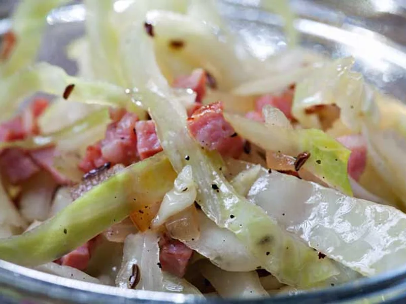 Warm Bacon Bavarian Cabbage Salad with Caraway Seeds