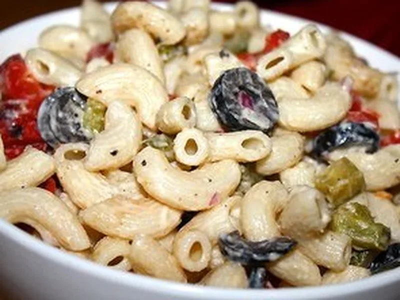 Roasted Red Pepper Macaroni Salad with Pickles
