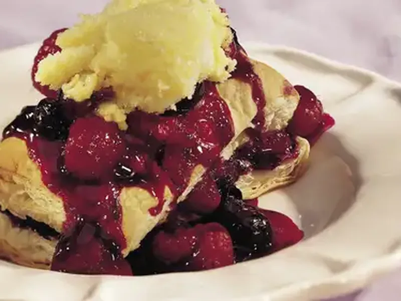 Raspberry-Blueberry Puff Pastry Shortcakes with Lemon Sherbet
