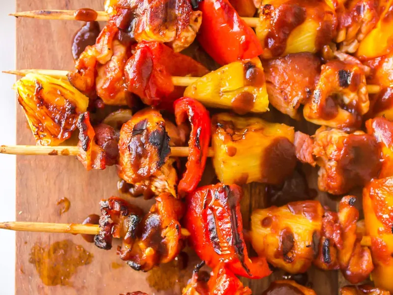BBQ Chicken Bacon Pineapple Skewers with Bell Peppers
