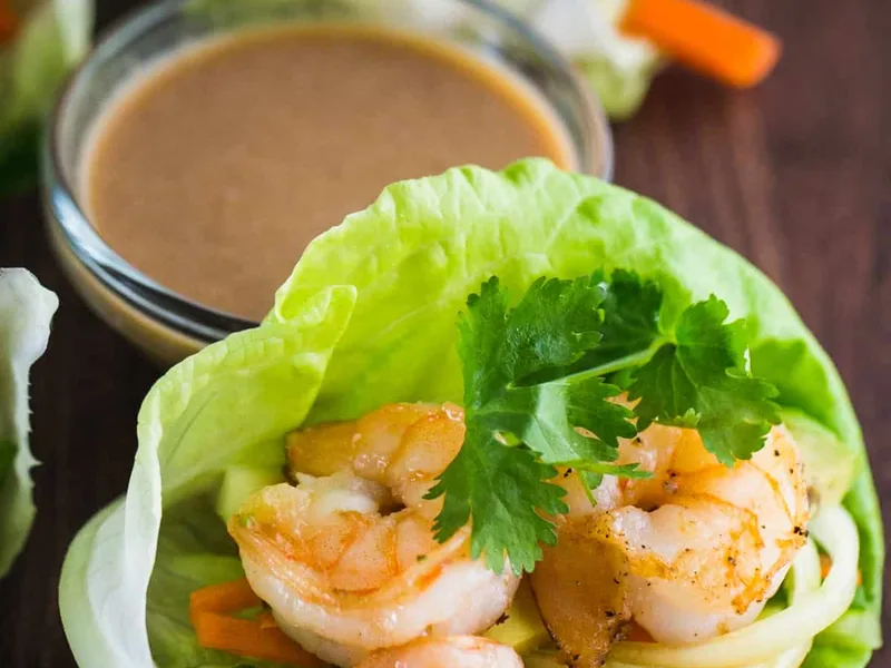 Shrimp Lettuce Wraps with Peanut Sesame Sauce
