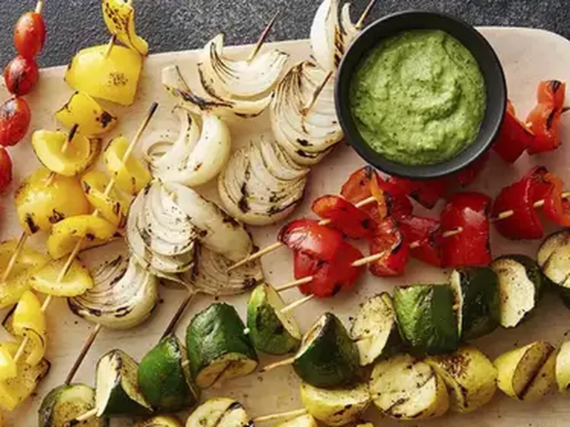 Grilled Vegetable Kabobs with Basil Pesto Aioli