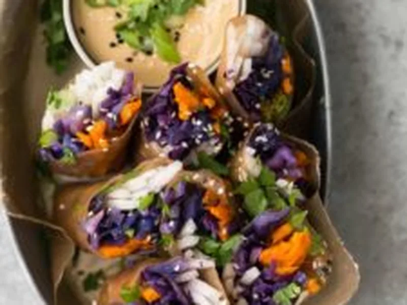 Roasted Cabbage and Sweet Potato Summer Rolls with Tahini Dip