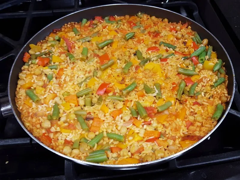 Spanish Saffron Tri-Color Pepper Paella with Chickpeas