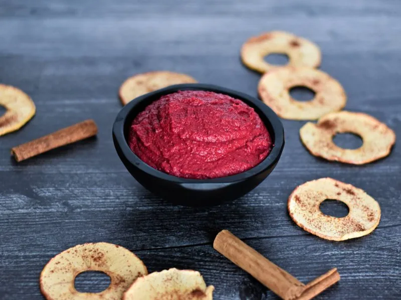 Roasted Beet Hummus with Cinnamon Apple Chips