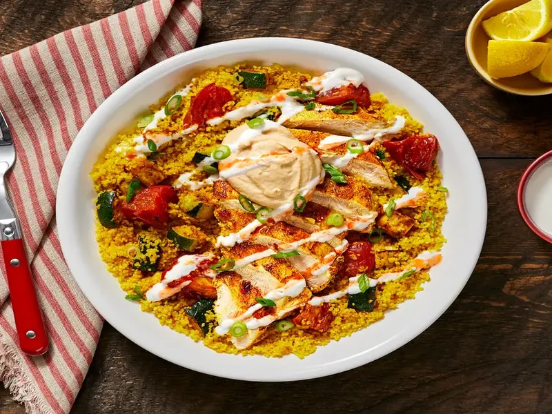 Chicken Shawarma Bowls with Turmeric Couscous and Roasted Vegetables