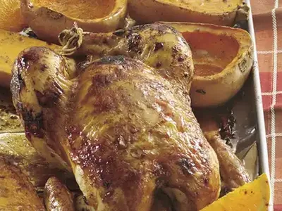 Teriyaki Orange Glazed Roast Chicken with Butternut Squash