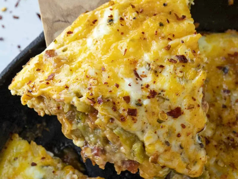 Roasted Poblano Chile Relleno Casserole with Tomato Sauce