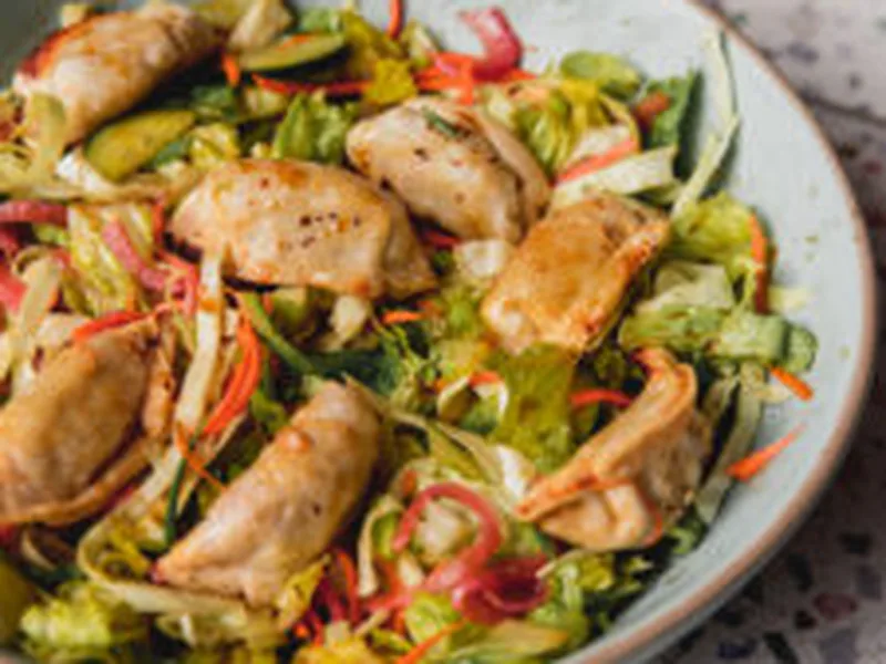 Crispy Air Fryer Potsticker Salad with Asian Almond Dressing