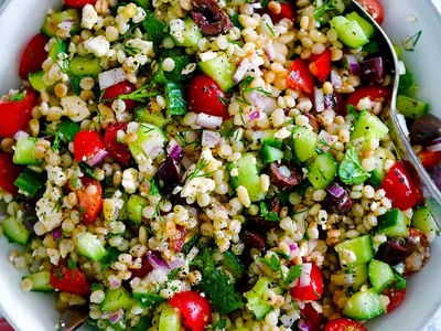 Mediterranean Israeli Pearl Couscous Salad with Feta and Herbs