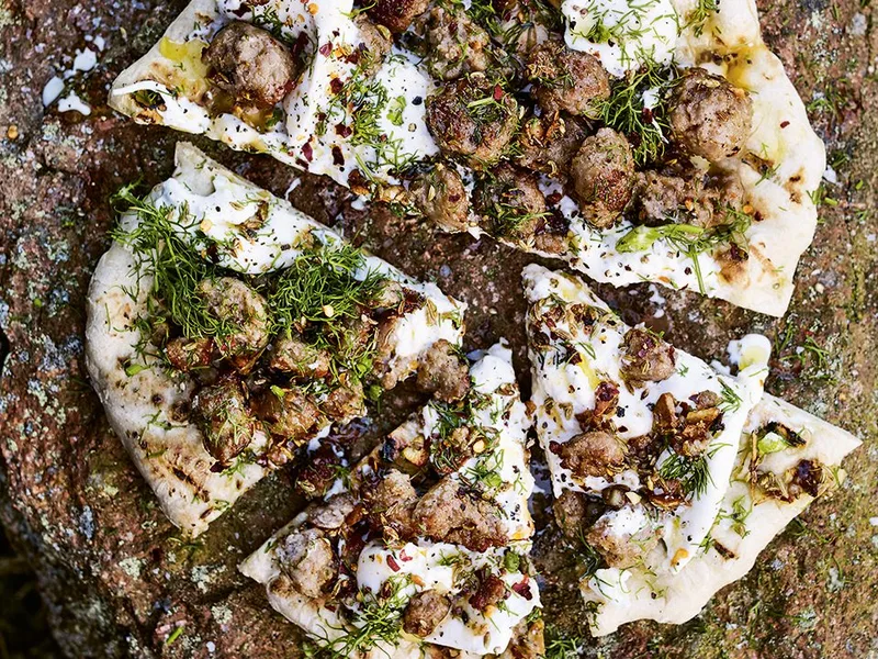 Barbecue Sausage and Burrata Flatbreads