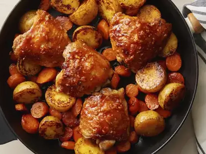 Crispy Hot Honey Sriracha Chicken Thighs with Roasted Vegetables
