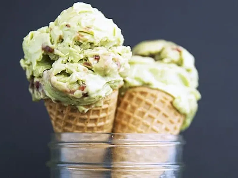 Creamy Avocado Sorbet with Lime and Strawberry Swirl