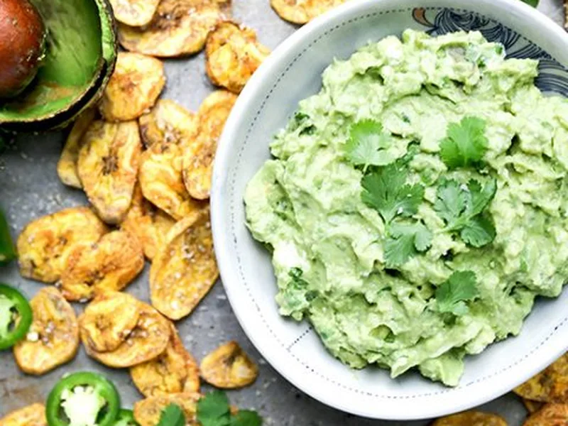 Jalapeño Goat Cheese Guacamole with Baked Plantain Chips