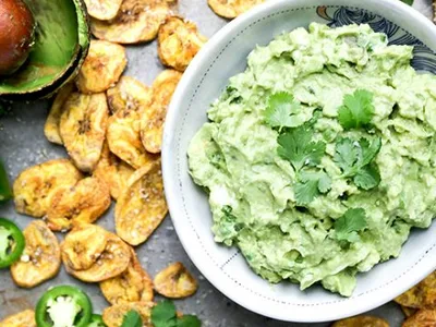 Jalapeño Goat Cheese Guacamole with Baked Plantain Chips