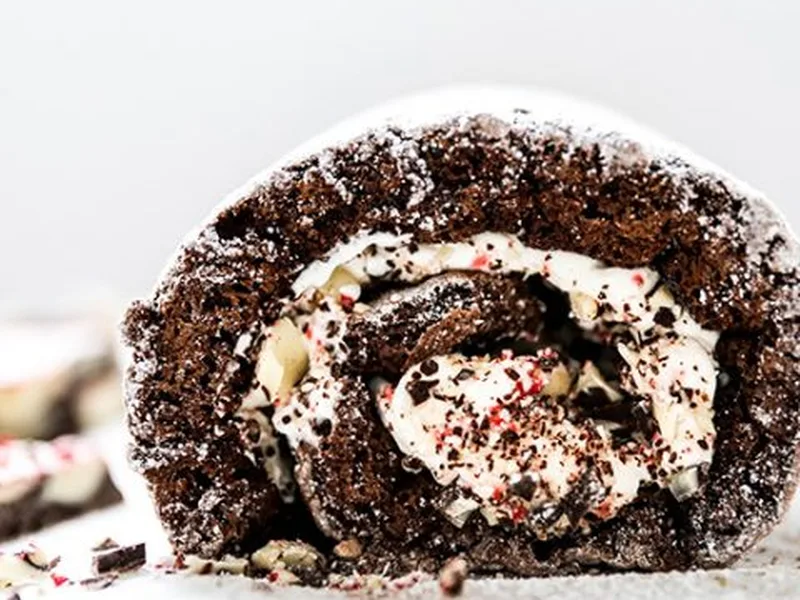 Chocolate Espresso Roll Cake with Peppermint Cream Filling