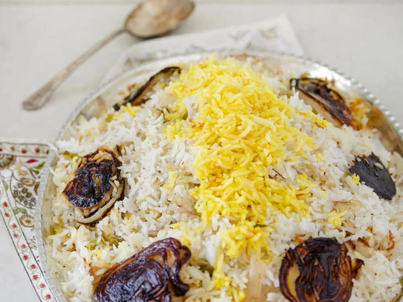 Saffron Cabbage Rice with Crispy Onion Crust