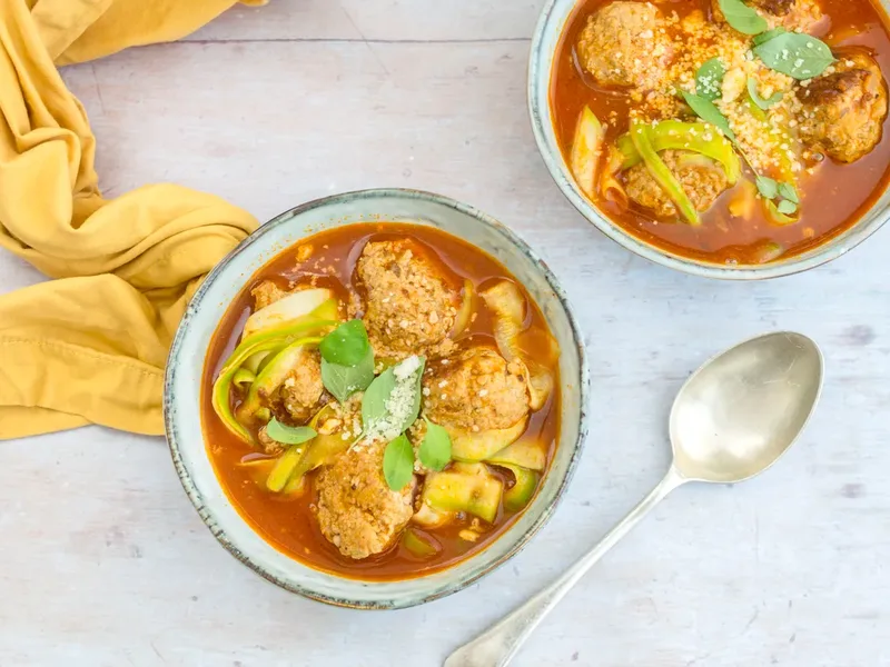 Italian Pork Meatball Soup with Zucchini Noodles