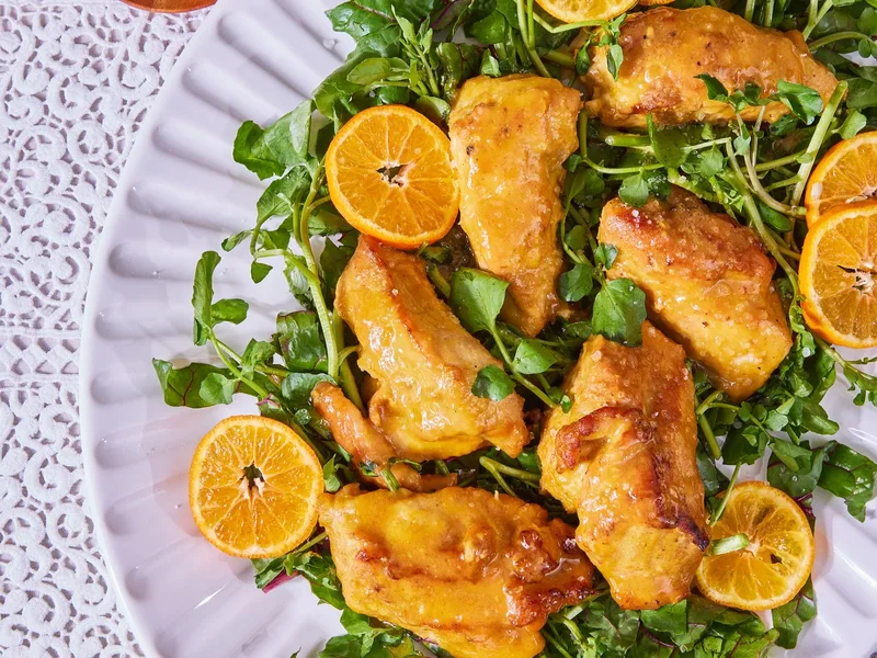 Honey-Mustard Mandarin Chicken with Crispy Pan-Fried Coating