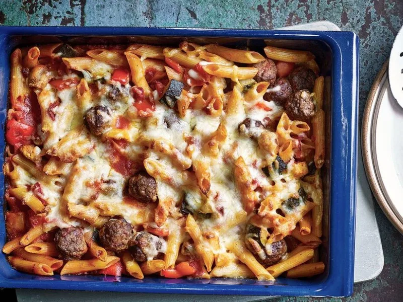 Baked Meatball Pasta Casserole with Marinara and Mozzarella