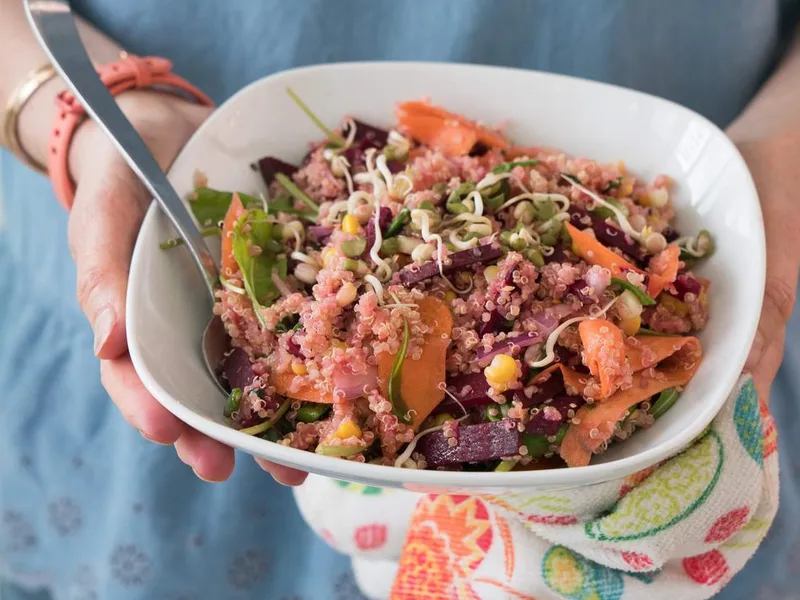 Pink Quinoa Bowl with Roasted Beets and Corn